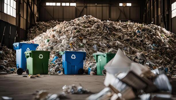 recycling facility with large pile of plastic waste photo